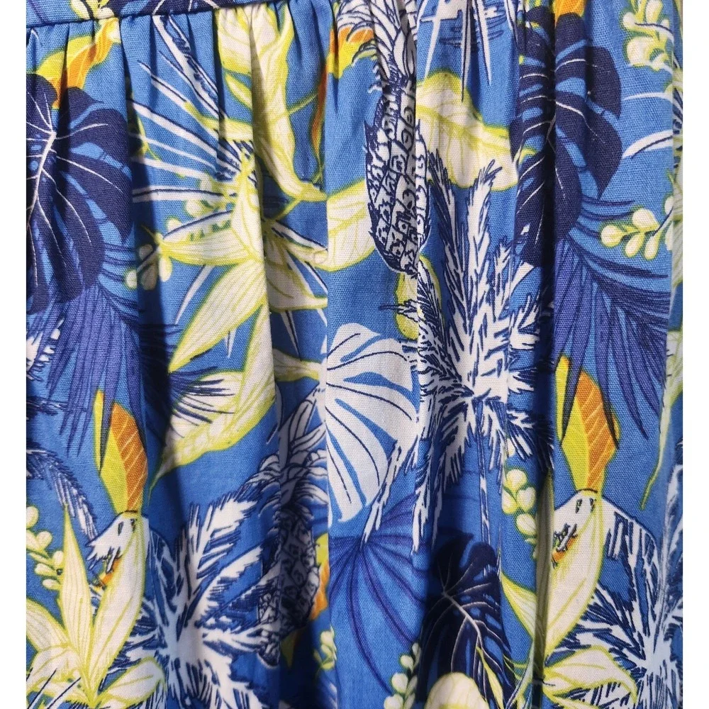 NEW Avara One Shoulder Maxi Dress Women's M Blue Tropical Pineapple Ruffle Trim - Picture 2 of 10